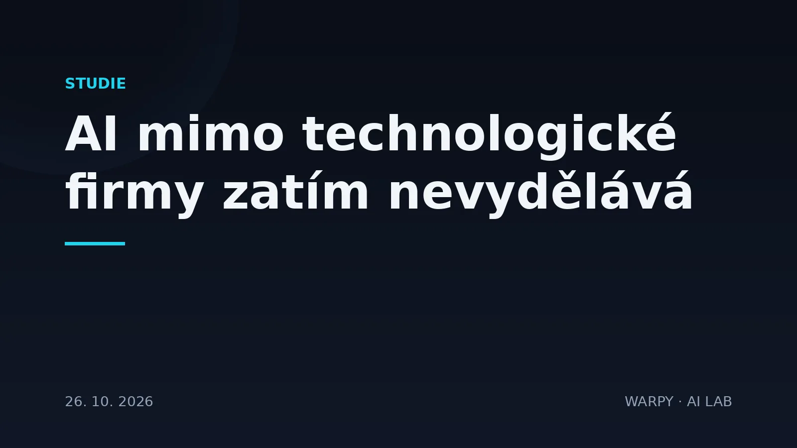 Tmavý cover obrázku s titulkem o analýze Apolla, podle které umělá inteligence mimo technologické firmy zatím nevydělává a tři ukazatele zůstávají ploché
